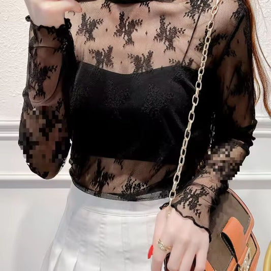 Sexy Women Mesh T-Shirts Transparent Lace Blouse Long Sleeve See Through Tops For Women O Neck Sheer Tees Body Crop Top